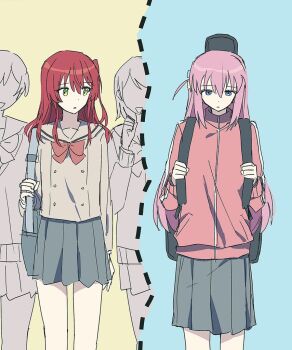 Rule 34 | 2girls, bag, blue background, blue eyes, bocchi the rock!, bow, bowtie, buttons, commentary request, faceless, gotoh hitori, green eyes, grey skirt, guitar case, hair between eyes, hair ornament, hairpin, instrument case, kita ikuyo, kmznkdmm, korean commentary, long hair, long skirt, long sleeves, looking at another, looking down, looking to the side, medium hair, multiple girls, open mouth, pink hair, pink track suit, red bow, red hair, sad, school bag, school uniform, shoulder bag, skirt, split, split screen, track suit, yellow background