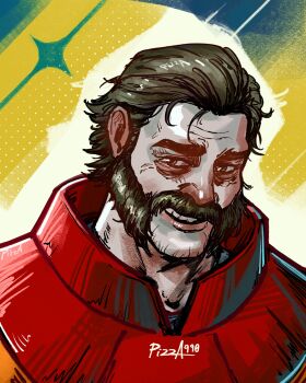 1boy absurdres artist_name blush brown_hair cape collar commentary disco_elysium dispatch english_commentary facial_hair harry_du_bois highres looking_at_viewer mustache phenomaman_(dispatch) pizza990 portrait red_cape sideburns smile solo