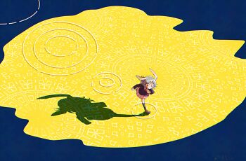 1girl animal_ears black_jacket black_socks blazer blue_background blue_hair brown_shoes collared_shirt commentary_request itomugi-kun jacket kneehighs long_sleeves necktie pink_skirt rabbit_ears red_hair red_necktie reisen_(touhou_bougetsushou) running shadow shirt shoes short_hair skirt socks solo touhou touhou_bougetsushou very_wide_shot white_shirt yellow_background