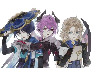 3boys albedo_(genshin_impact) aqua_eyes arm_at_side armor belt birthmark black_belt black_bodysuit black_bow black_bridal_gauntlets black_gloves black_hair black_hood black_shirt black_sleeves blonde_hair blue_cape blue_hat blue_kimono blue_shirt blue_sleeves blunt_ends bodysuit bow braid bridal_gauntlets bright_pupils cape chest_markings choppy_bangs closed_mouth coat collar cooccocoocco crossed_bangs crystal curtained_hair dragon_boy dragon_horns dragon_wings eyelashes eyeliner eyeshadow fang feathers furisode gem genshin_impact gloves gold hair_between_eyes hair_intakes half_up_braid hand_on_another&#039;s_arm hand_up hat hat_tip highres hood hood_down hooded_coat horns hug hug_from_behind japanese_armor japanese_clothes jingasa juban kimono kote kurokote layered_sleeves light_smile long_sleeves looking_at_another looking_back looking_to_the_side lower_eyelashes_only makeup mandarin_collar mini_durin_(genshin_impact) mini_durin_(human)_(genshin_impact) multiple_boys open_clothes open_coat open_kimono open_mouth orange_eyes pale_skin pink_hair pink_wings pom_pom_(clothes) purple_eyes purple_sash red_eyeliner red_eyeshadow red_gemstone sash scaramouche_(genshin_impact) shirt short_sleeves slit_pupils tilted_headwear tsurime wanderer_(genshin_impact) white_background white_coat white_collar white_gloves white_kimono white_pupils white_sleeves white_trim wings yellow_feathers