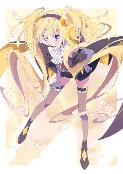 2girls bare_shoulders black_dress black_hairband black_shoes black_shorts black_thighhighs blonde_hair border brown_eyes center_frills chibi closed_mouth collared_dress commentary_request dark-skinned_female dark_jewel dark_skin dia_(shugo_chara!) diamond_hair_ornament diamond_print dress elbow_gloves empty_eyes eyelashes fishnet_thighhighs fishnets floating_clothes frills full_body gloves grey_dress grey_gloves grid_background hair_ornament hairband hand_on_own_hip high_side_ponytail highres hoshina_utau lace lace-trimmed_gloves lace-trimmed_hairband lace-trimmed_thighhighs lace_trim lapels leaning_forward light_blush light_frown long_hair magical_girl multiple_girls notched_lapels outside_border purple_eyes serizawa_serizane shirt shoes short_shorts shorts shorts_under_skirt shugo_chara! sleeveless sleeveless_dress sleeveless_shirt solo_focus sparkle thighhighs twintails two-sided_dress two-sided_fabric very_long_hair wavy_hair white_border white_shirt x_hair_ornament yellow_background yellow_dress