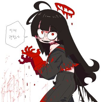 1girl antenna_hair bags_under_eyes bare_shoulders black_sailor_collar black_serafuku black_shirt black_skirt black_wings blood blood_on_clothes blood_on_face blood_on_hands blood_splatter blue_archive blunt_bangs commentary_request crazy fangs feet_out_of_frame from_side halo hands_up hunched_over korean_commentary korean_text long_hair long_sleeves looking_at_viewer looking_to_the_side low_wings melting_halo neamosub off_shoulder open_mouth pleated_skirt red_halo sailor_collar school_uniform serafuku shirt simple_background skirt smile solo speech_bubble standing teeth torn_clothes torn_shirt translation_request tsurugi_(blue_archive) upper_teeth_only white_background wide-eyed wings