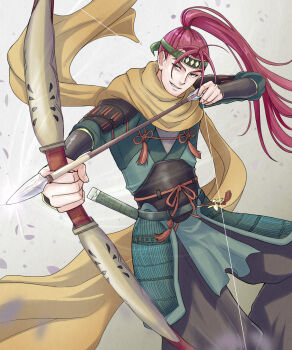 Rule 34 | 1boy, absurdres, aiming, arrow (projectile), bow (weapon), commentary request, fire emblem, fire emblem: radiant dawn, fire emblem heroes, green eyes, headband, highres, holding, holding arrow, holding bow (weapon), holding weapon, japanese clothes, kousetu0506, long hair, male focus, nintendo, official alternate costume, ponytail, red hair, shinon (fire emblem), shinon (ninja) (fire emblem), smirk, solo, variant set, weapon