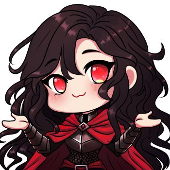 1girl :3 absurdres arm_guards armor blush brooch brown_hair cape catphine commentary cowboy_shot english_commentary highres jewelry long_hair looking_at_viewer morgan_(shadow_slave) red_cape red_eyes shadow_slave shrugging solo wavy_hair