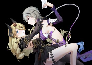 :o absurdres black_background black_dress black_gloves black_horns black_pantyhose blonde_hair blue_eyes breasts cleavage commentary_request detached_sleeves dress durandal_(honkai_impact) durandal_(nibelungen_traumlied)_(honkai_impact) fake_horns gloves grey_hair hand_on_another's_back highres holding holding_paper honkai_(series) honkai_impact_3rd horns large_breasts long_hair official_alternate_costume pantyhose paper purple_dress purple_eyes reaching rita_rossweisse rita_rossweisse_(miss_espionage) short_hair thighs very_long_hair youmiao_oxo yuri