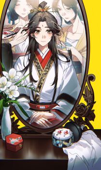 1boy 2girls absurdres bindi black_hair chinese_clothes closed_eyes comb flower full-length_mirror haileiduzhuo hanfu highres long_hair long_sleeves looking_at_viewer makeup makeup_brush mirror mirror_image multiple_girls parted_bangs reflection table tianguan_cifu vanity_table vase white_flower xie_lian xie_lian_(flower_crowned_martial_god) yellow_eyes