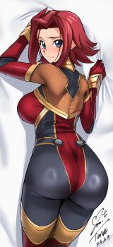 1girl absurdres ass bed_sheet blue_eyes blush bodysuit breasts closed_mouth code_geass commentary_request dakimakura_(medium) dated from_above hair_intakes highres kouzuki_kallen large_breasts legs_together looking_at_viewer lying mecha_pilot_suit medium_hair multicolored_bodysuit on_stomach red_hair sheet_grab shiny_clothes sidelocks signature skin_tight smile solo yoo_tenchi
