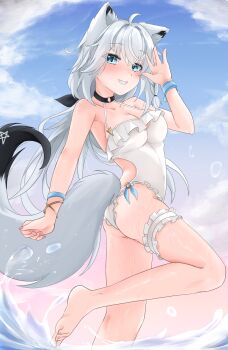 1girl absurdres ahoge animal_ear_fluff animal_ears black_bow blush bow braid breasts commentary_request earrings fox_ears fox_girl fox_tail green_eyes grin hair_between_eyes hair_bow highres hololive jewelry leg_up long_hair looking_at_viewer low_ponytail medium_breasts one-piece_swimsuit pentagram ponytail shirakami_fubuki sidelocks single_braid smile solo st-147 swimsuit tail thigh_strap virtual_youtuber white_hair white_one-piece_swimsuit