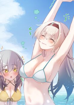 2girls absurdres alternate_costume armpits arms_up bikini black_hairband blue_bikini blue_sky blush breasts cleavage closed_eyes closed_mouth cloud commentary_request day dot_nose firefly_(honkai:_star_rail) grey_hair hair_between_eyes hairband highres honkai:_star_rail honkai_(series) leaning_forward long_hair looking_at_another looking_at_breasts medium_breasts memeiradesuyo multiple_girls navel ocean open_mouth outdoors sky sparkling_eyes stelle_(honkai:_star_rail) stretching string_bikini swimsuit trailblazer_(honkai:_star_rail) upper_body water wavy_mouth wet yellow_bikini yellow_eyes yuri