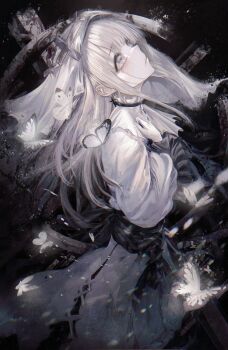 Rule 34 | 1girl, absurdres, blood, bug, butterfly, cross, cross earrings, crying, crying with eyes open, dress, earrings, from side, grey eyes, hand on own chest, hands on own chest, highres, hikami meruru, impaled, insect, jewelry, long hair, long sleeves, looking at viewer, looking up, mahou shoujo no majo saiban, renoahh, solo, tears, white butterfly, white dress, white eyes, white hair