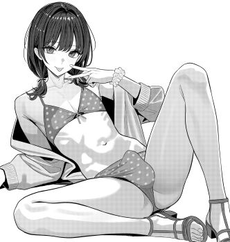 1boy absurdres bikini bulge commentary_request crossdressing crossdressing_(mtf) greyscale hair_intakes highres jacket male_focus monochrome open_clothes open_jacket original sandals scrunchie simple_background sitting solo swimsuit tongue tongue_out trap turisasu twintails white_background wrist_scrunchie