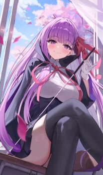 1girl absurdres bb_(fate) bb_(fate/extra) black_coat black_skirt black_thighhighs blue_sky blush breasts coat collared_shirt desk fate/grand_order fate_(series) gloves hair_ribbon high-waist_skirt highres large_breasts long_hair long_sleeves looking_at_viewer neck_ribbon open_clothes open_coat pointer popped_collar purple_eyes purple_hair red_ribbon ribbon shirt sitting skirt sky smile solo som_(mnfx7235) thighhighs thighs very_long_hair white_gloves white_shirt wide_sleeves window