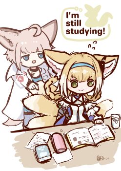 2girls absurdres ahoge animal_ears arknights black_choker blonde_hair blue_eyes blue_hairband braid braided_hair_rings check_commentary choker coat commentary_request earpiece english_text fox_ears fox_girl fox_tail green_eyes grey_hair hair_rings hairband highres himajin_(fd_jin) holding holding_pencil infection_monitor_(arknights) kitsune kyuubi lab_coat material_growth multiple_girls multiple_tails one-hour_drawing_challenge open_mouth oripathy_lesion_(arknights) pencil sussurro_(arknights) suzuran_(arknights) tail twin_braids white_coat