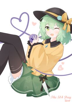 1girl ;d absurdres black_hat black_thighhighs blue_flower blue_rose blush bow buttons chinese_commentary commentary_request crossed_legs diamond_button eyelashes feet_out_of_frame floral_print floral_print_skirt flower frilled_sleeves frills green_eyes green_hair green_skirt hair_between_eyes hands_up happy hat hat_bow hat_flower heart heart_of_string highres holding_eyeball knife koishi_day komeiji_koishi long_sleeves looking_at_viewer medium_hair one_eye_closed open_mouth print_skirt rose rose_print shirt simple_background sitting skirt smile solo sun_hat thighhighs third_eye tlslime touhou white_background wide_sleeves yellow_bow yellow_shirt