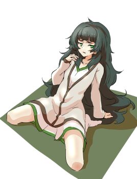 1girl blunt_bangs blush breasts brown_jacket collar collarbone commentary_request dress full_body green_collar green_eyes green_hair highres hiyajou_maho jacket jacket_over_dress kneehighs kneeling long_hair long_sleeves looking_at_viewer messy_hair no_shoes open_mouth sadarann science_adventure simple_background sitting small_breasts socks solo spread_legs steins;gate steins;gate_0 very_long_hair wariza white_background white_dress