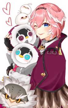 Rule 34 | blue eyes, blush, ganmo (takane lui), gloves, hair between eyes, hairband, head wings, highres, hololive, long sleeves, necktie, pink hair, ringo 21 a, shirt, short hair, takane lui, takane lui (1st costume), tsukune (takane lui), tsumire (takane lui), virtual youtuber, wings