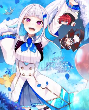 3girls :d ange_katrina ange_katrina_(1st_costume) animal_ears apron arm_up armband bird black_coat black_hair black_kimono blue_armband blue_background blue_eyes blue_flower blue_hair blue_neckerchief blue_petals blue_skirt blunt_bangs blush blush_stickers bubble buttons character_name cloak coat collared_shrug colored_inner_hair commentary_request cowboy_shot dated dated_commentary dog_ears dog_girl dog_tail double-breasted english_text falling falling_petals fangs flower frilled_skirt frilled_sleeves frills fur-trimmed_cloak fur_trim hair_ornament hand_up happy_birthday heterochromia high-waist_skirt highres holding holding_cloak holding_flower inui_toko inui_toko_(1st_costume) japanese_clothes kimono layered_skirt lize_helesta lize_helesta_(1st_costume) long_hair long_sleeves looking_at_viewer low_twintails maid_headdress mini_person minigirl miniskirt mitsumine_(ookami_no_oyashiro) monocle multicolored_hair multiple_girls neckerchief nijisanji open_mouth petals pleated_skirt purple_eyes red_eyes red_hair ribbed_shirt sanbaka_(nijisanji) sebastian_piyodore shirt shirt_tucked_in shrug_(clothing) skirt smile streaked_hair tail teeth thigh_strap twintails two-tone_hair unworn_cloak upper_teeth_only very_long_hair virtual_youtuber waist_apron white_cloak white_hair white_shirt white_shrug white_skirt yellow_bird yellow_eyes