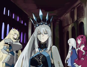 4girls baobhan_sith_(fate) baobhan_sith_(first_ascension)_(fate) barghest_(fate) barghest_(first_ascension)_(fate) blonde_hair blue_eyes crown fate/grand_order fate_(series) green_eyes hair_between_eyes highres ki_wa001 long_hair looking_at_viewer melusine_(fate) melusine_(second_ascension)_(fate) morgan_le_fay_(fate) morgan_le_fay_(queen_of_winter)_(fate) multiple_girls pink_hair pointy_ears ponytail spikes veil very_long_hair white_hair