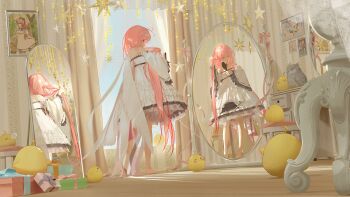 >_< >_o 1girl absurdres azur_lane bird box brushing_hair brushing_own_hair commentary curtains dress english_commentary frilled_dress frills from_side full_body gift gift_box hair_brush highres holding holding_hair_brush holding_own_hair indoors jiantai long_hair manjuu_(azur_lane) mirror one_eye_closed owl perseus_(azur_lane) picture_frame pink_ribbon ribbon sleeping solo squeans very_long_hair white_dress white_wings window wings