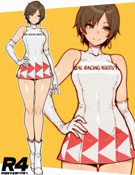 1990s_(style) 1girl arrow_print boots breasts brown_eyes brown_hair clothes_writing dress earrings elbow_gloves full_body gloves hand_on_own_hip highres hoop_earrings jewelry looking_to_the_side nagase_reiko nullhachinpo r4:_ridge_racer_type_4 race_queen racing retro_artstyle ridge_racer short_hair sleeveless sleeveless_dress smile solo solo_focus thighs upper_body white_boots white_dress white_gloves