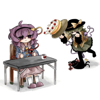 2girls black_cat black_hat cake cat chair closed_eyes commentary_request contrast_collar food full_body green_hair hair_between_eyes hat hat_ribbon heripantomorrow komeiji_koishi komeiji_satori long_hair multiple_girls on_chair purple_eyes purple_hair ribbon shirt simple_background sitting smile table third_eye touhou white_background yellow_ribbon yellow_shirt