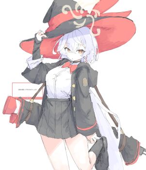 Rule 34 | 1girl, absurdres, black jacket, black shoes, black skirt, black socks, blue archive, bolt action, bow, bowtie, braid, breasts, carcano, commentary request, eri (blue archive), gun, gun sling, hair between eyes, halo, hat, highres, jacket, long sleeves, looking to the side, medium breasts, mocamocaink, pleated skirt, red bow, red bowtie, rifle, shirt, shoes, single braid, skirt, socks, solo, weapon, white background, white hair, white shirt, witch hat, yellow eyes, yellow halo