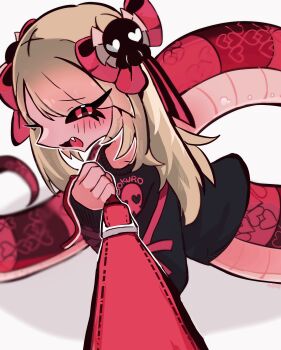 Rule 34 | absurdly long tail, absurdres, black shirt, blonde hair, blush, breasts, commentary request, excited, eyelashes, fang, hair between eyes, hair ornament, hands up, heart, heart tail, highres, ivi hakase, lamia, large tail, long tail, medium hair, monster girl, original, pulling, red eyes, red tail, shirt, simple background, skull hair ornament, skull print, small breasts, smile, snake girl, strangling, tail, very long tail, white background, yandere