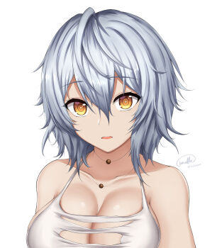 1girl absurdres bare_shoulders barettoarts breasts cleavage code_vein colored_skin female_focus hair_between_eyes highres io_(code_vein) jewelry large_breasts looking_at_viewer necklace open_clothes open_mouth short_hair simple_background solo upper_body white_background white_hair white_skin yellow_eyes