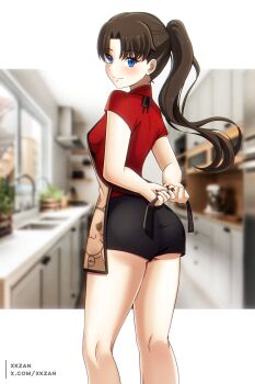 1girl absurdres apron artist_name ass bare_legs black_nails black_shorts blue_eyes blurry blurry_background blush breasts brown_apron brown_hair cat commentary_request emiya-san_chi_no_kyou_no_gohan eyelashes fate/stay_night fate_(series) fingernails from_behind highres housewife indoors kitchen long_hair looking_at_viewer looking_back medium_breasts nail_polish out_of_frame paid_reward_available parted_bangs ponytail red_shirt shirt short_shorts short_sleeves shorts simple_background small_breasts smile solo thighs tohsaka_rin twitter_username tying_apron xkzan