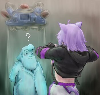 Rule 34 | 1boy, 1girl, ?, ahoge, animal ears, beard, black hoodie, cat ears, cat girl, cat tail, commentary request, dr. light (mega man), facial hair, flashing, highres, hologram, hololive, hood, hoodie, long sleeves, mega man (series), mega man x (series), nekomata okayu, nekomata okayu (1st costume), nymph rhythm, old, old man, purple hair, purple tail, robot, short hair, tail, virtual youtuber