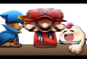 bandana blue_bandana blue_cape cape closed_eyes closed_mouth commentary_request doll_joints faceless faceless_male facial_hair geno_(mario) gloves hat highres joints kusaremix long_sleeves looking_at_another male_focus mallow_(mario) mario mario_(series) meme motion_blur mustache nintendo open_mouth red_hat red_shirt shirt simple_background smile super_mario_rpg the_weaker_sex_1_(gibson) upper_body white_background white_gloves