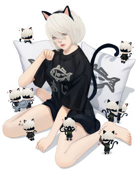 1girl 2boys 6+boys 9s_(nier:automata) alternate_costume animal_ear_hairband animal_ears artist_name bare_legs barefoot black_hairband black_shirt bob_cut cat_ears cat_tail chibi fake_animal_ears feet fish full_body grey_eyes grey_hair hair_between_eyes hairband hand_up heart highres legs lips looking_at_viewer medium_hair mitsuki_nite mole mole_under_mouth multiple_boys nail_polish nier:automata nier_(series) oversized_clothes oversized_shirt parted_lips paw_pose pillow pink_nails shadow shirt simple_background sitting smile solo_focus t-shirt tail thighs toenail_polish toenails toes twitter_username wariza white_background