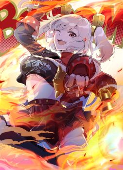 Rule 34 | 1girl, :d, absurdres, azukimaru, black gloves, black jacket, black skirt, black tube top, blonde hair, blush, breasts, burnice white, crop top, flamethrower, gloves, highres, holding flamethrower, holding weapon, jacket, large breasts, looking at viewer, navel, open mouth, red-tinted eyewear, red eyes, short hair, skirt, sleeveless turtleneck shirt, smile, solo, strapless, thighhighs, tinted eyewear, tube top, twintails, weapon, zenless zone zero