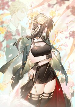 Rule 34 | 1boy, 2girls, absurdres, anya (spy x family), black dress, black hair, boots, borrowed clothes, breasts, dress, earrings, formal clothes, green jacket, green suit, hairband, highres, jacket, jewelry, luish creation, multiple girls, oversized clothes, oversized jacket, spy x family, suit, thigh boots, thigh focus, thighhighs, thighs, twilight (spy x family), yor briar