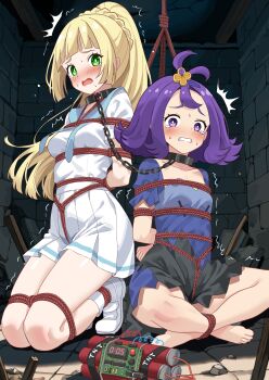 2girls acerola_(pokemon) arms_behind_back barefoot bdsm blonde_hair blue_dress bomb bondage bound bound_ankles bound_arms braid breasts chain chain_leash collarbone crossed_ankles crotch_rope dress explosive feet green_eyes highres kneeling leash lillie_(pokemon) long_hair medium_breasts multiple_girls nintendo open_mouth peril pokemon pokemon_sm ponytail ponytail_with_braided_base purple_eyes purple_hair restrained shibari shimouki_izui shirt shoes short_sleeves skirt small_breasts tears teeth tnt topknot white_shirt white_shoes white_skirt