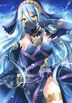 1girl anklet armpit_crease azura_(dark_songstress)_(fire_emblem) azura_(fire_emblem) black_dress black_gloves black_panties blue_background blue_hair blue_panties breasts closed_mouth commentary_request cowboy_shot detached_collar detached_sleeves double-parted_bangs dress elbow_gloves fingerless_gloves fire_emblem fire_emblem_fates glint gloves gold_thighlet hair_between_eyes highres holding holding_jewelry holding_necklace hydrokinesis jewelry kirishima_riona long_hair long_sidelocks looking_at_viewer medium_breasts mouth_veil necklace nintendo panties pendant see-through_clothes see-through_veil sidelocks smile solo thighlet thighs underwear veil very_long_hair water water_drop yellow_eyes
