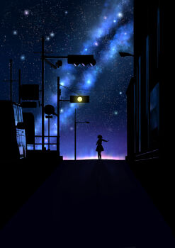1girl absurdres building chinese_commentary commentary_request highres lamppost milky_way night original outdoors power_lines scenery silhouette sky sky_focus solo standing star_(sky) starry_sky traffic_light yuki42