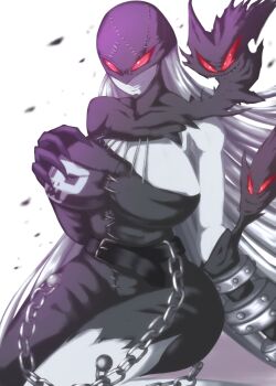 Rule 34 | 1girl, bare shoulders, black bodysuit, bodysuit, breasts, chain, colored skin, commentary, cowboy shot, demon girl, digimon, digimon (creature), english commentary, grey hair, grey skin, highres, hudie jun, huge breasts, ladydevimon, long hair, simple background, sitting, solo, torn bodysuit, torn clothes, white background