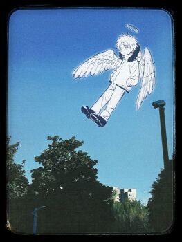 1boy angel angel_wings black_border blue_sky boots border chun_baii commentary_request day feathered_wings floating greyscale_with_colored_background halo hands_in_pockets highres hood hooded_jacket jacket kenny_mccormick long_sleeves male_focus outdoors pants sky solo south_park tree wings