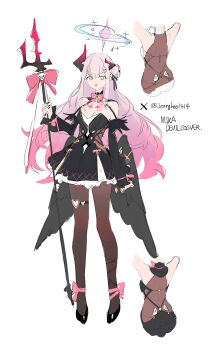 1girl absurdres alternate_costume asymmetrical_horns bare_shoulders black_dress black_horns black_pantyhose black_wings blue_archive bow bowtie breasts cleavage detached_sleeves dress feathered_wings gradient_halo gradient_horns hair_bun hair_ornament halo highres holding holding_polearm holding_weapon horns large_breasts long_hair low_wings mika_(blue_archive) modare multicolored_halo multicolored_horns open_mouth pantyhose pink_bow pink_bowtie pink_hair polearm skull_hair_ornament solo thigh_strap weapon wings yellow_eyes