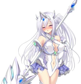 1girl :o armor bare_shoulders blush braid breasts chikubi_(artist) cleavage cleavage_cutout clothing_cutout covered_erect_nipples cowboy_shot elbow_gloves faulds game_cg gloves holding holding_polearm holding_weapon kusarou large_breasts large_variant_set leotard long_hair looking_at_viewer magical_girl mahou_shoujo_inori mamiya_inori navel navel_cutout non-web_source nose_blush official_art one_side_up open_mouth pink_eyes polearm purple_skirt red_eyes showgirl_skirt simple_background skirt solo spear standing thighhighs tiara transparent_background variant_set weapon white_hair white_leotard