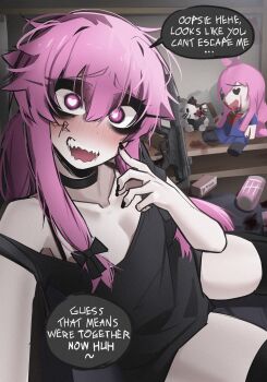 1girl ace_glitch black_bow black_bra black_choker black_shirt black_thighhighs blush bow bra character_doll choker commentary crazy crazy_smile doll english_commentary english_text gasai_yuno hair_between_eyes hair_bow heart heart-shaped_pupils hello_kitty_(character) highres indoors long_hair looking_at_viewer mirai_nikki open_clothes pink_eyes pink_hair sharp_teeth shirt sidelocks smile solo speech_bubble symbol-shaped_pupils teeth thighhighs underwear yandere