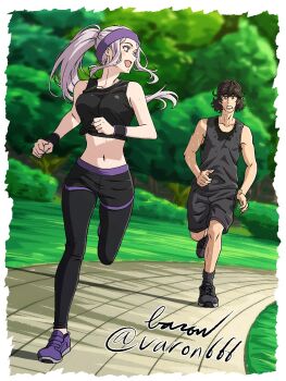 1boy 1girl baron_(varon666) breasts fuuto_tantei highres kamen_rider kamen_rider_w large_breasts long_hair midriff navel open_mouth ponytail purple_eyes purple_hair running tokime_(fuuto_tantei) varon