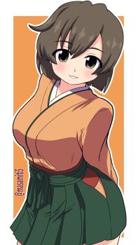 1girl blush breasts brown_eyes brown_hair cowboy_shot green_hakama hair_ribbon hakama hakama_short_skirt hakama_skirt highres hiryuu_(kancolle) japanese_clothes kantai_collection kimono large_breasts looking_at_viewer one_side_up orange_background orange_kimono ribbon short_hair side_ponytail skirt smile tennouji_masamichi twitter_username white_background