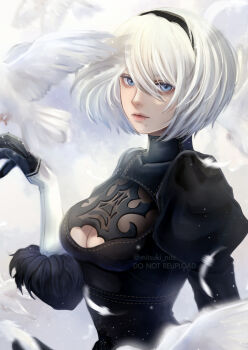 Rule 34 | 1girl, 2b (nier:automata), arm up, black dress, black gloves, blindfold, breasts, cleavage cutout, clothing cutout, commentary, covered eyes, cowboy shot, dress, facing viewer, feather-trimmed sleeves, gloves, gluteal fold, grey hair, groin, highres, juliet sleeves, leotard, leotard under clothes, long sleeves, medium breasts, mitsuki nite, mole, mole under mouth, nier:automata, nier (series), parted lips, puffy sleeves, short hair, side slit, simple background, solo, standing, sword, twitter username, virtuous treaty, weapon, white background, white leotard