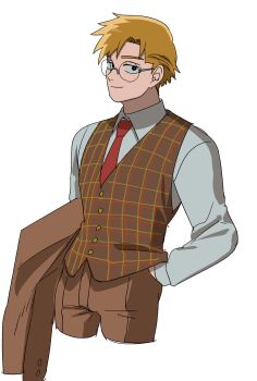 Rule 34 | 1boy, bithmath, black eyes, blonde hair, brown pants, collared shirt, commentary request, cowboy shot, formal clothes, glasses, hand in pocket, highres, holding, holding unworn clothes, holding unworn jacket, jacket, long sleeves, looking at viewer, male focus, mob psycho 100, necktie, pants, parted hair, partial commentary, plaid clothes, plaid vest, red necktie, reigen arataka, round eyewear, shirt, smirk, suit, unworn jacket, vest, white background, white shirt