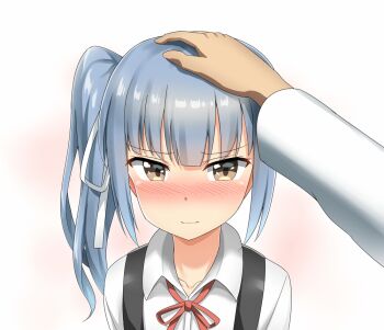 10s 1girl animated animated_gif black_ribbon blush brown_eyes dress hair_ribbon headpat kantai_collection kasumi_(kancolle) long_hair looking_at_viewer neck_ribbon nedia_(nedia_region) nose_blush pinafore_dress remodel_(kantai_collection) ribbon school_uniform shirt side_ponytail silver_hair sleeveless_dress solo_focus wavy_mouth white_shirt
