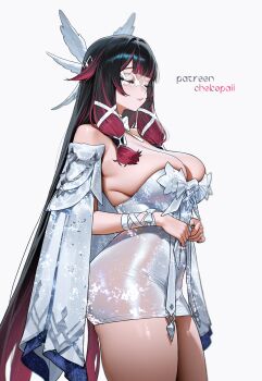 1girl absurdres alternate_breast_size_(larger) black_hair breasts chokopaii closed_eyes columbina_(genshin_impact) curvy dress genshin_impact highres large_breasts long_hair multicolored_hair purple_hair simple_background solo thick_thighs thighs tight_clothes tight_dress two-tone_hair white_background white_dress