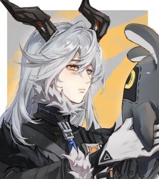 Rule 34 | 1girl, bangboo (zenless zone zero), black coat, black horns, chinese commentary, closed mouth, coat, commentary request, expressionless, from side, fur-trimmed coat, fur collar, fur trim, gloves, grey background, grey fur, grey hair, hair between eyes, heterochromia, highres, holding, horns, long hair, long horns, long sleeves, looking down, non-humanoid robot, robot, shade, star-shaped pupils, star (symbol), sunbringer (zenless zone zero), symbol-shaped pupils, tixiaer, upper body, wavy hair, zenless zone zero