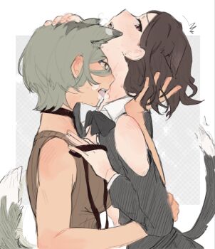 2girls animal_ears bite_mark bite_mark_on_neck black_bow black_bowtie black_dress bow bowtie brown_hair brown_shirt chinese_commentary clothing_cutout collar commentary_request dog_ears dog_girl dog_tail dress ebizuka_tomo enanbender girls_band_cry green_eyes green_hair hand_on_another&#039;s_head hand_on_another&#039;s_waist highres holding holding_leash kemonomimi_mode leash multicolored_hair multiple_girls pink_eyes roots_(hair) rupa_(girls_band_cry) shirt short_hair shoulder_cutout sleeveless sleeveless_shirt tail yuri